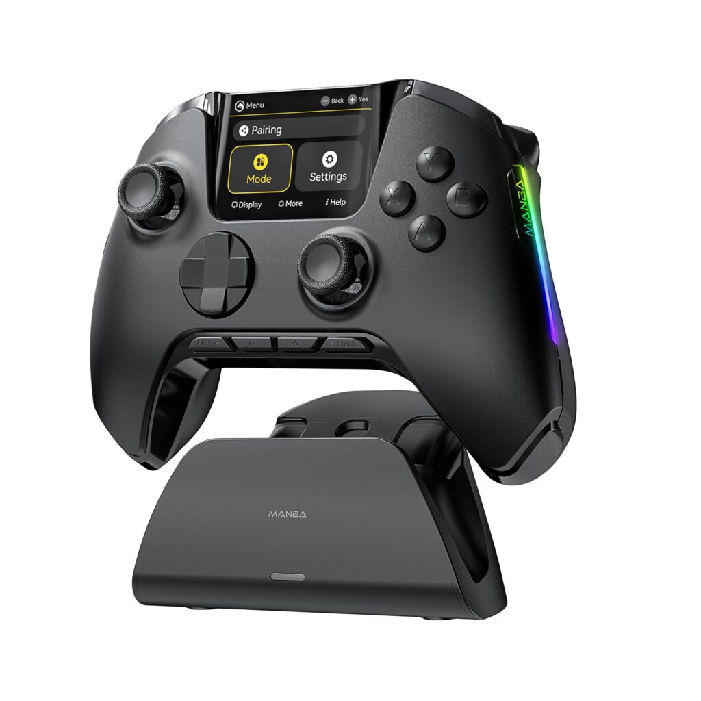 The ManbaOne gaming controller featuring a 2-inch interactive screen, four back buttons, Hall Effect sticks, and a docking station.