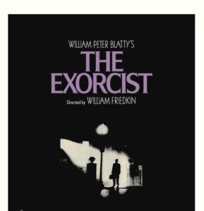 A promotional image for The Exorcist featuring the iconic silhouette of Father Merrin standing under a streetlamp, symbolizing the film’s haunting atmosphere and legendary status.