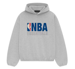 Fear of God Essentials NBA Hoodie in Light Heather, featuring minimalist design, NBA logo, and cozy fleece lining.