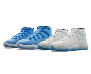 A pair of Air Jordan 11 sneakers in University Blue and Legend Blue colorways, showcasing their sleek patent leather and iconic design.