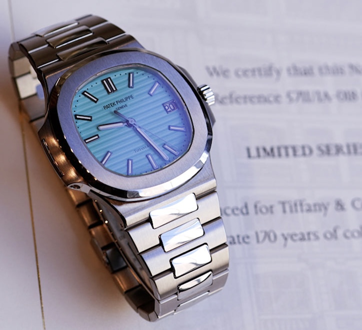 The Tiffany-stamped Patek Philippe Cubitus watch, featuring a square case design and dual-branded dial for ultimate luxury.