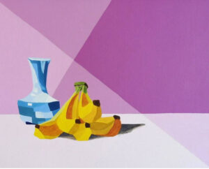 Cover of Maga Fabler’s novella “Bananas”, featuring a surreal illustration of a golden banana glowing against a dark background.