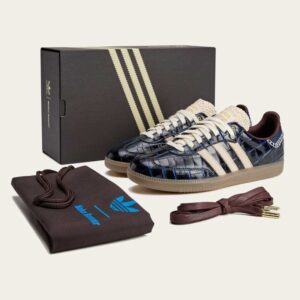 Wales Bonner x Adidas Samba OG ‘Croc - Collegiate Navy’ sneaker featuring croc-embossed leather and contrast stitching.