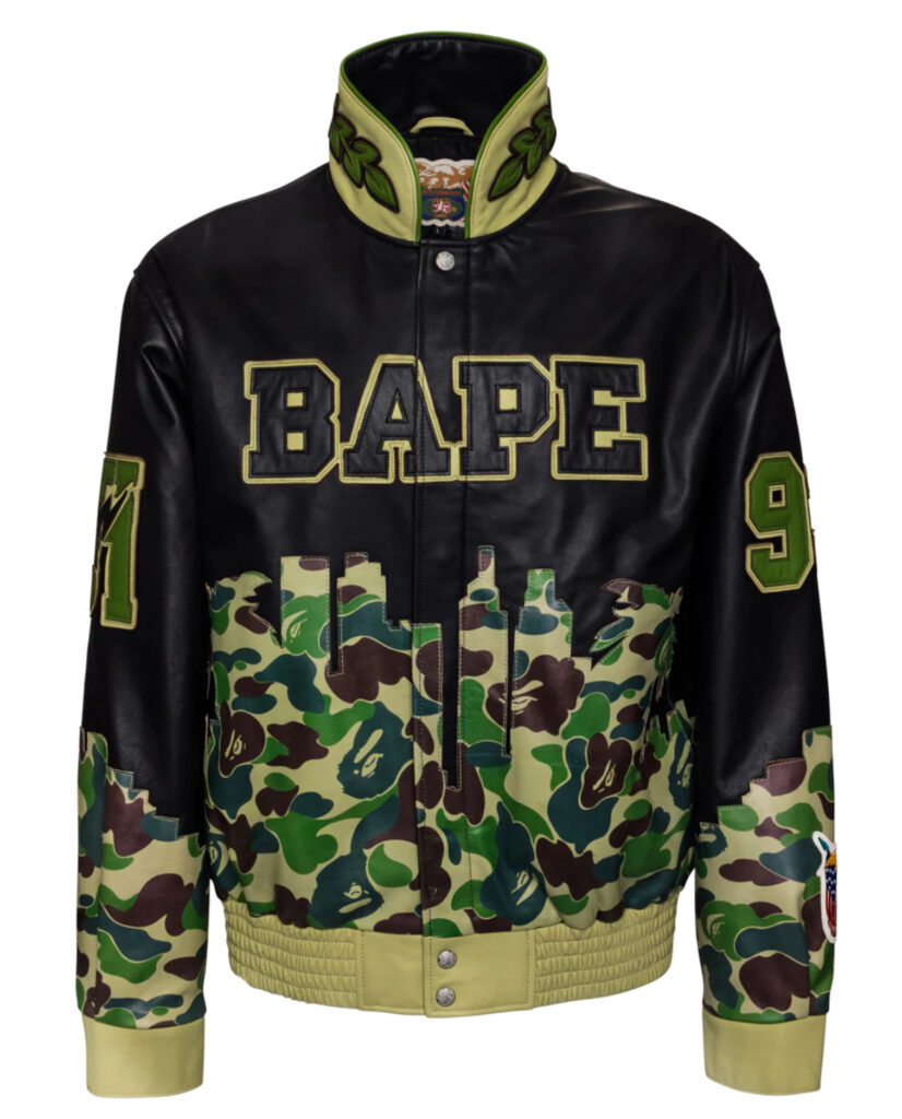A bold Jeff Hamilton x BAPE Full Leather Jacket featuring vibrant patches, logos, and premium leather craftsmanship.