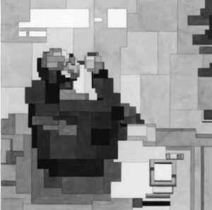 “Adam Lister’s 2024 artwork The Blueprint, a pixelated watercolor reinterpretation of Jay-Z’s iconic album cover.”