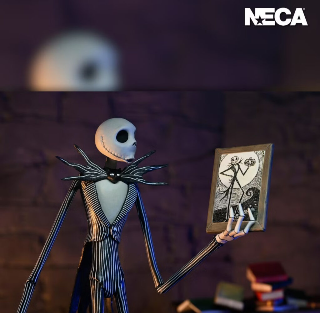 A detailed NECA Ultimate Jack Skellington figure, featuring multiple accessories and interchangeable heads, posed in a dynamic stance.