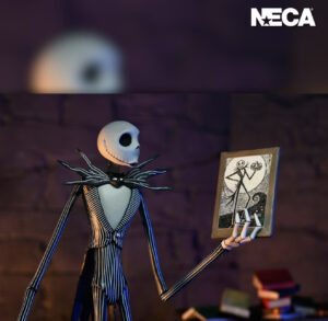 A detailed NECA Ultimate Jack Skellington figure, featuring multiple accessories and interchangeable heads, posed in a dynamic stance.