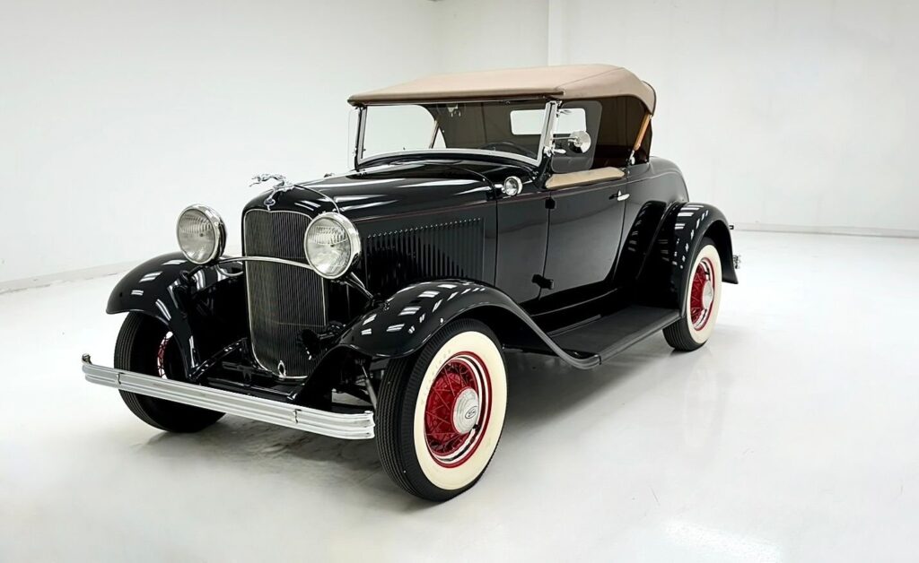 Clint Eastwood’s first car, a 1932 Ford Model B Roadster, featuring its classic open-top design and iconic grille.