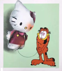 Fanakapan’s Hellooo Kitty artwork features a hyper-realistic balloon depiction of Hello Kitty on a mint green background.