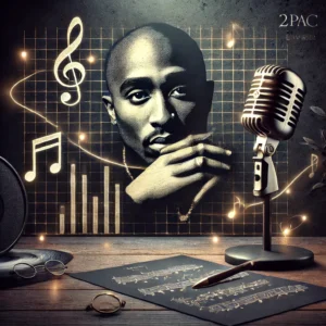 2Pac’s legacy reflected in a creative composition featuring iconic imagery, including a black-and-white portrait, music notes, a glowing Billboard chart, and handwritten lyrics, symbolizing his timeless influence and posthumous success nearly 30 years after his passing