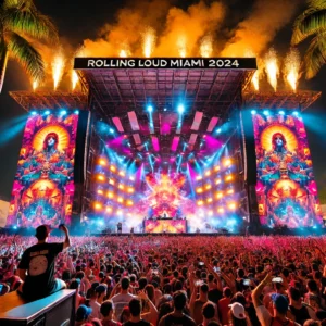 Alt Text: A vibrant festival scene at Rolling Loud Miami 2024, featuring a massive crowd, colorful stage lights, and a hip-hop artist performing with dynamic visuals and pyrotechnics in the background, framed by palm trees in the lively Miami atmosphere