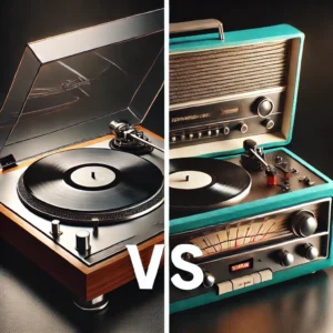 A side-by-side comparison of a vintage record player and a modern turntable, showcasing design, components, and functionality.