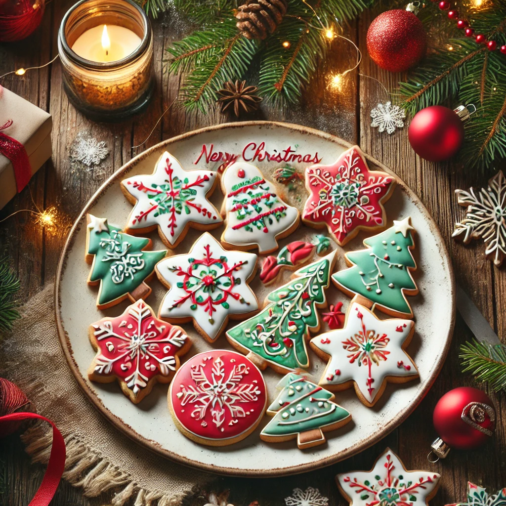 A plate of classic Christmas sugar cookies decorated with festive red, green, and white icing in shapes of snowflakes, Christmas trees, and stars, placed on a rustic wooden table surrounded by pine branches, ornaments, and a glowing candle, creating a warm holiday atmosphere