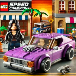 Concept art of a Letty Ortiz LEGO Speed Champions set featuring her 1971 Jensen Interceptor and a detailed minifigure