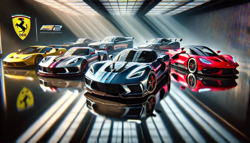 A lineup of high-performance naturally aspirated sports cars from 2024, including the Corvette Z06, Ferrari 812 Competizione, Porsche 911 GT3 RS, Lamborghini Huracán STO, and Aston Martin Valkyrie, displayed in a sleek, modern setting with dramatic spotlighting and a reflective surface that mirrors their bold designs and vibrant colors