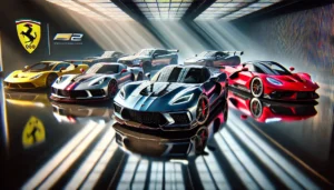 A lineup of high-performance naturally aspirated sports cars from 2024, including the Corvette Z06, Ferrari 812 Competizione, Porsche 911 GT3 RS, Lamborghini Huracán STO, and Aston Martin Valkyrie, displayed in a sleek, modern setting with dramatic spotlighting and a reflective surface that mirrors their bold designs and vibrant colors