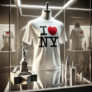 A white T-shirt with the iconic I ♥ NY logo, featuring bold black letters and a red heart, symbolizing New York pride