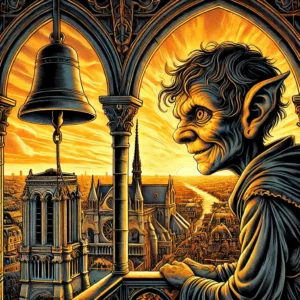 A dramatic Gothic-style illustration of Notre Dame Cathedral’s bell tower overlooking Paris during a golden sunset. The scene features a deformed, kind-hearted bell-ringer gazing over the city, surrounded by intricate Gothic architecture, including gargoyles, arches, and stained glass windows. The atmosphere is vibrant yet melancholic, emphasizing the grandeur and historical significance of the cathedral