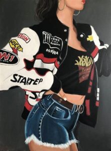 Photorealistic painting Fries Before Guys by Maria Folger, featuring a woman with a jacket and playful feminist themes.