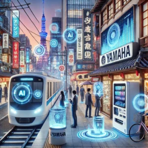 A bustling Tokyo street with AI-powered innovations like automated trains, smart vending machines, and Yamaha music tech