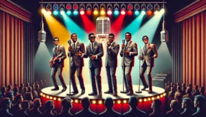 A vibrant retro scene of The Temptations performing their hit song My Girl on stage, set in a 1960s Motown atmosphere. The band members are dressed in sharp suits, singing into vintage microphones under colorful stage lighting, with an engaged audience in the background, capturing the energy and timeless essence of their performance