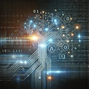 An abstract digital AI interface with binary code, symbolizing the complexity of artificial intelligence systems
