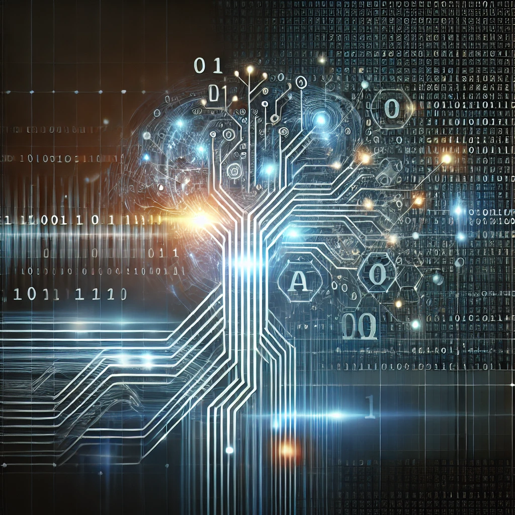 An abstract digital AI interface with binary code, symbolizing the complexity of artificial intelligence systems