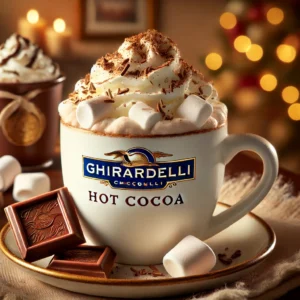 Close-up of Ghirardelli Hot Cocoa Mix in a cup topped with marshmallows and whipped cream, showcasing its creamy texture
