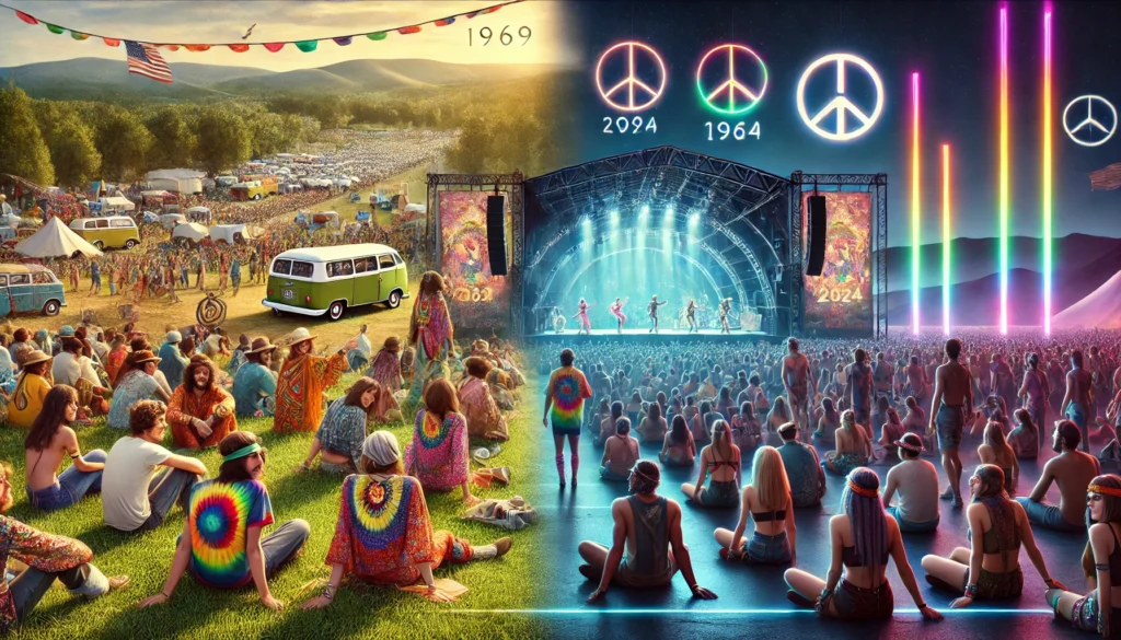 Alt Text: A split image comparing Woodstock 1969 and Coachella 2024. The left side depicts a vibrant Woodstock scene with a crowd of hippies in colorful, bohemian clothing sitting on a grassy field, surrounded by peace signs, psychedelic art, and a rustic stage. The right side portrays a sleek, modern Coachella setting with a diverse crowd in trendy festival outfits, futuristic art installations, palm trees, and a high-tech stage lit up at night. The two halves are divided by a subtle timeline element, symbolizing the evolution of music festivals over time.