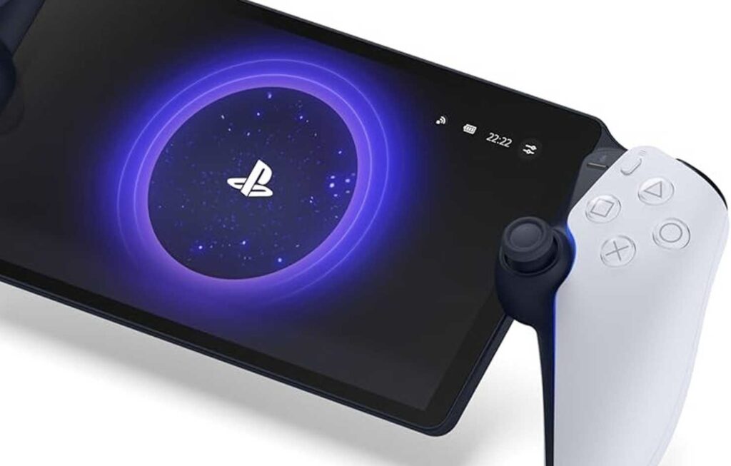 A sleek PlayStation Portal handheld device with a vibrant screen, modern design, and DualSense-inspired controls.
