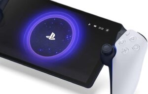 A sleek PlayStation Portal handheld device with a vibrant screen, modern design, and DualSense-inspired controls.