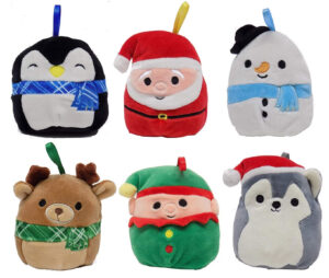 Squishmallows Holiday 2024 collection featuring festive-themed plush toys displayed on shelves, with vibrant holiday designs.