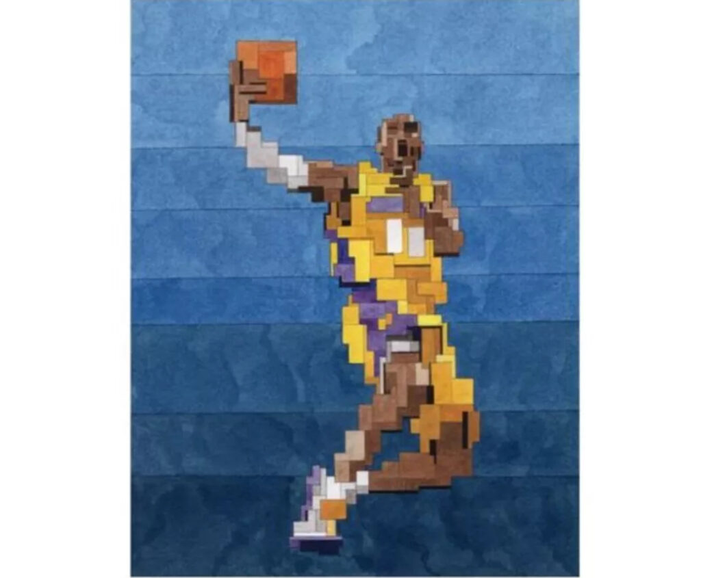 “Adam Lister’s pixelated Kobe #5 giclée print depicting Kobe Bryant in Lakers colors, blending art and basketball legacy.”