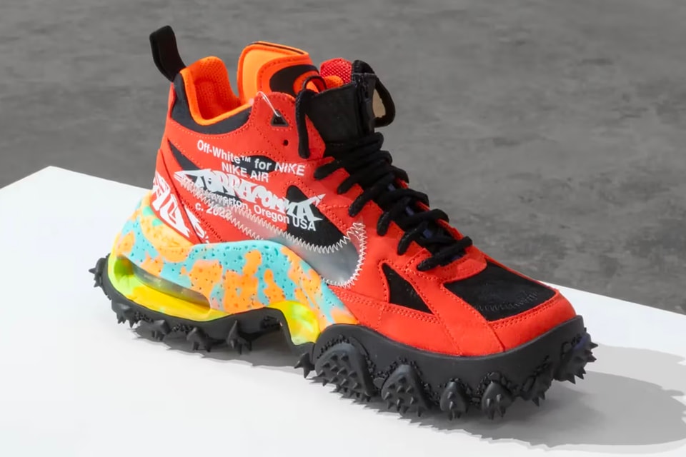 Nike x Off-White Air Terra Forma “Manta Orange” sneakers featuring a vibrant orange upper, rugged outsole, and green accents.