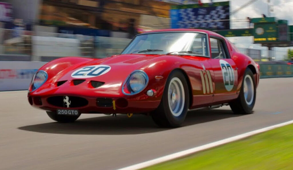A classic Ferrari 250 GTO racing on the vintage Monza circuit in Gran Turismo 7’s Vision of the Past weekly challenge.