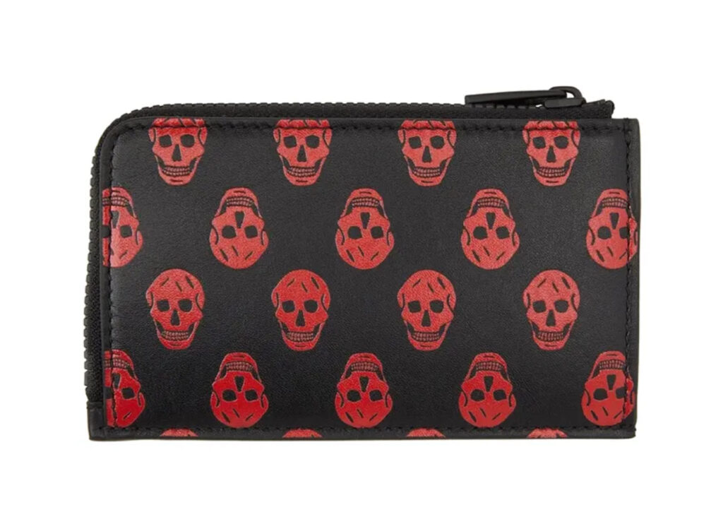 Alt Text: Alexander McQueen Biker Skull Zip Card Holder in black and red leather, featuring a bold skull motif and zip closure.
