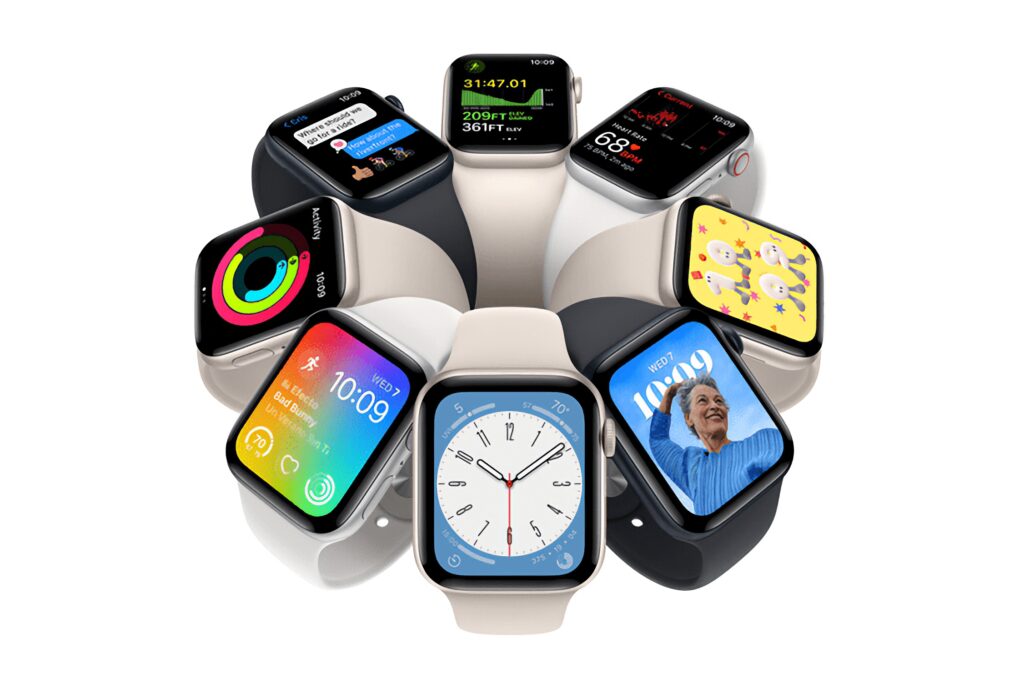 Apple Watch showcasing a personalized modular watch face with activity rings, weather, and calendar complications.