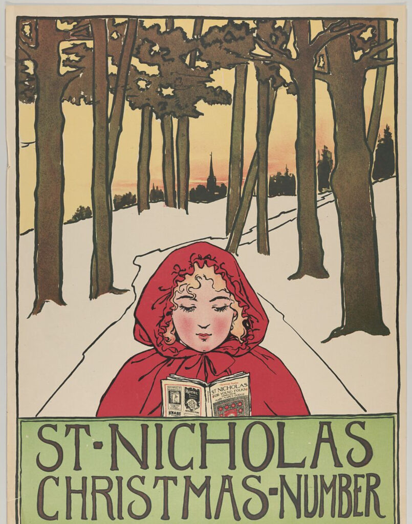 “A beautifully detailed Victorian-era St. Nicholas Christmas Number lithograph showcasing St. Nicholas, cheerful children, and festive holiday elements.”