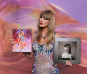 “Taylor Swift holding her Eras Tour Book, showcasing a reflective hardcover design with vibrant imagery and personal insights.”
