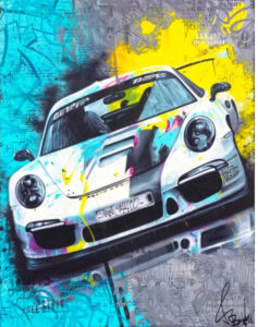 Vincent Bardou’s Porsche Art Car, showcasing vibrant graffiti art on a luxury vehicle, blending street culture and elegance.