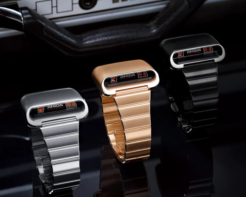 Reborn Digitrend watch featuring sleek digital design in Steel, Black, and Gold finishes, blending retro charm with elegance.