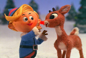 Scene from Rudolph the Red-Nosed Reindeer claymation special, featuring Rudolph and Hermey on their adventure.