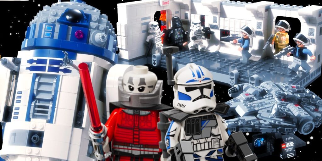 LEGO Star Wars 25th Anniversary playsets featuring exclusive minifigures like Darth Malak and young Princess Leia.