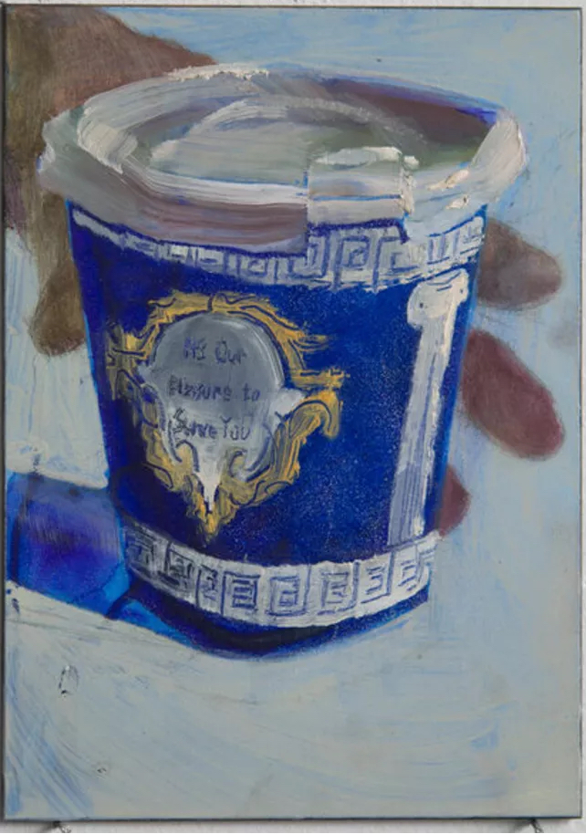 Close-up of Morabito’s brushwork in “It’s Our Pleasure to Serve You,” highlighting the rich textures and vibrant color palette.