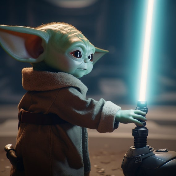 Grogu, also known as Baby Yoda, discovers a lightsaber in a mystical setting, his expressive gaze reflecting curiosity and wonder. The glowing saber illuminates his surroundings, hinting at his growing connection to the Force and his Jedi heritage.