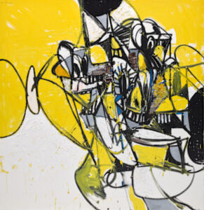 A George Condo painting showcasing fragmented figures suspended in dynamic, abstract spaces, blending bold colors and shapes to create a sense of emotional depth and spatial tension.