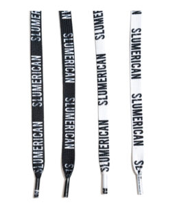 Slumerican Font 40 Shoelaces in black and white with bold sublimated text design, perfect for sneakers and boots.