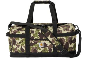 A stylish Carhartt WIP Jack Duffle Bag in Green Camo Duck print, featuring durable canvas material and functional design.