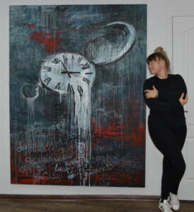 Tanya Vasilenko’s Choice of Values painting featuring a textured clock face symbolizing time, morality, and historical cycles.