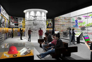 The Universal Hip Hop Museum under construction in the Bronx, featuring future interactive exhibits and cultural artifacts. 